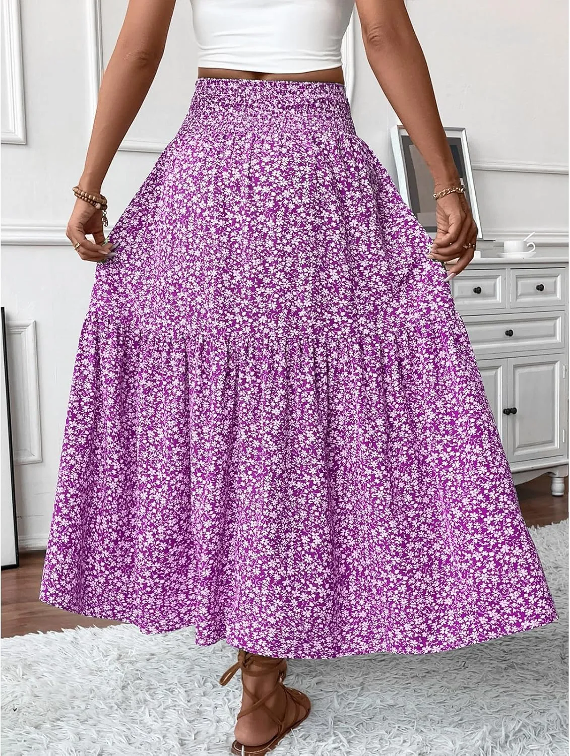 Floral Maxi Skirt for Women Tiered Elastic High Waisted Skirts Casual Summer Vacation A-Line Flowy Swing Long Skirts