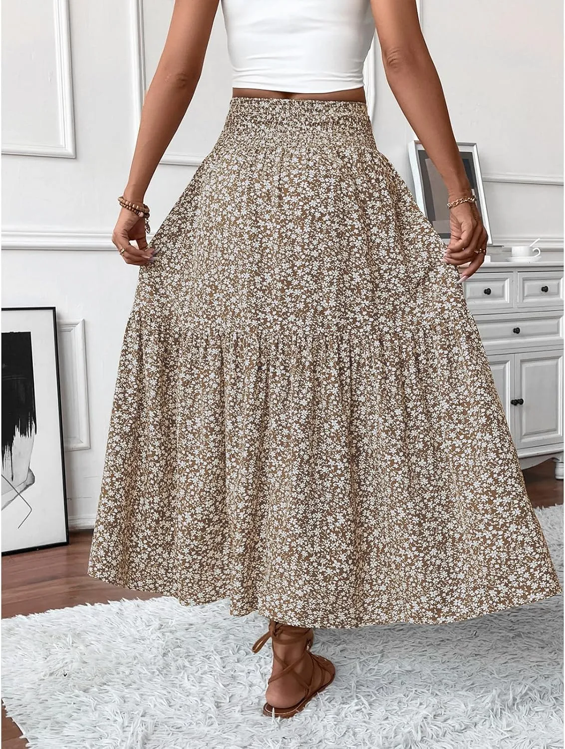 Floral Maxi Skirt for Women Tiered Elastic High Waisted Skirts Casual Summer Vacation A-Line Flowy Swing Long Skirts