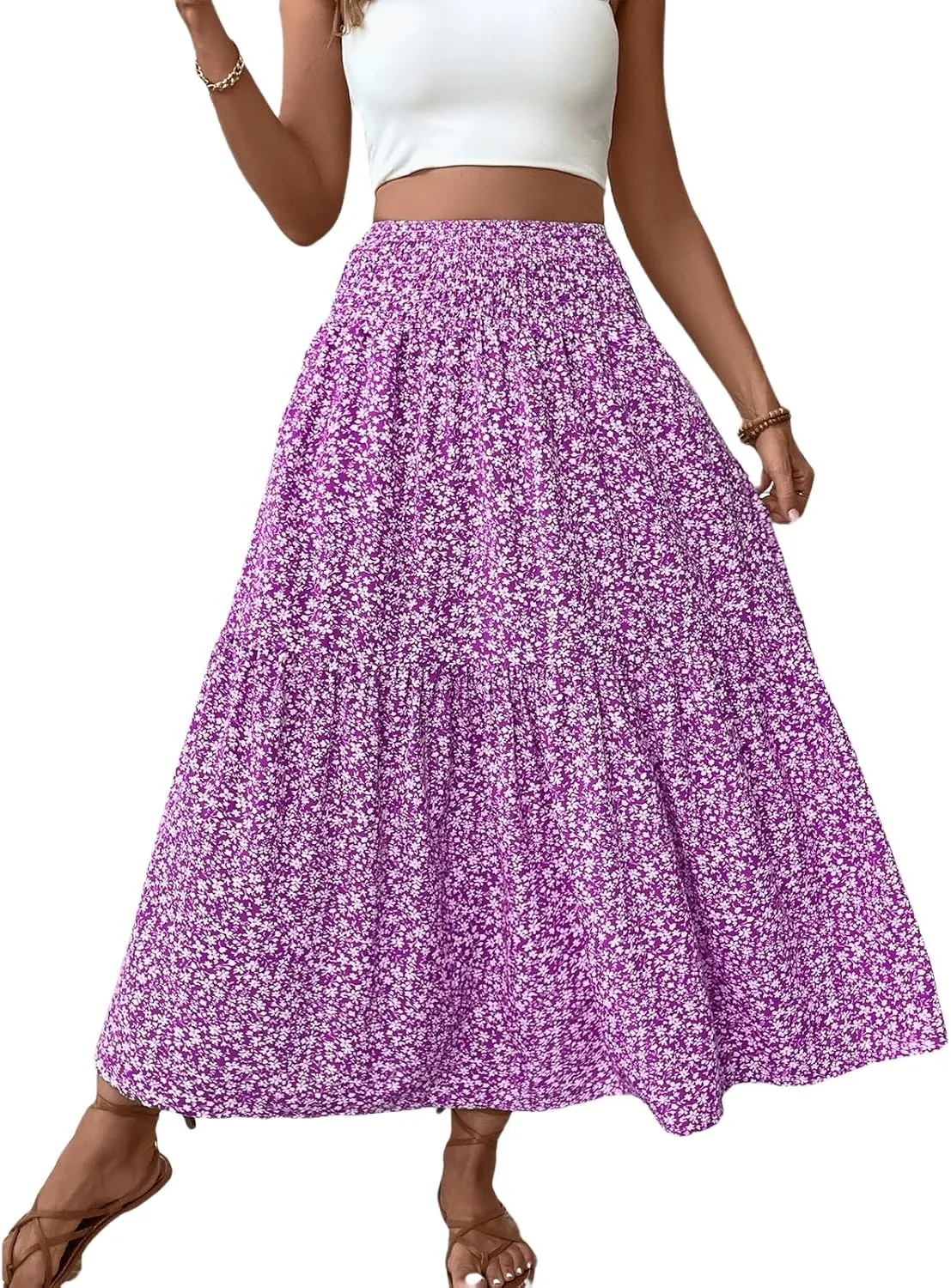 Floral Maxi Skirt for Women Tiered Elastic High Waisted Skirts Casual Summer Vacation A-Line Flowy Swing Long Skirts