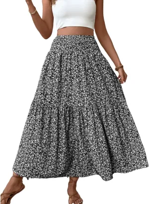 Floral Maxi Skirt for Women Tiered Elastic High Waisted Skirts Casual Summer Vacation A-Line Flowy Swing Long Skirts