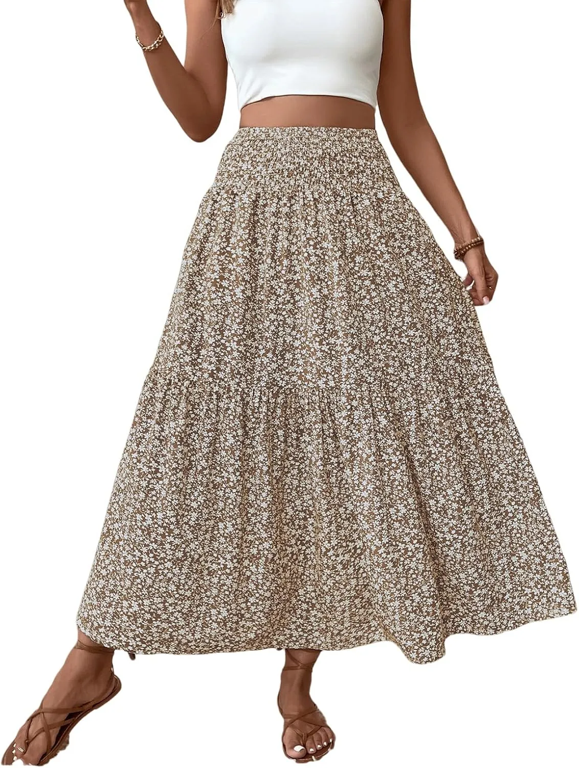 Floral Maxi Skirt for Women Tiered Elastic High Waisted Skirts Casual Summer Vacation A-Line Flowy Swing Long Skirts