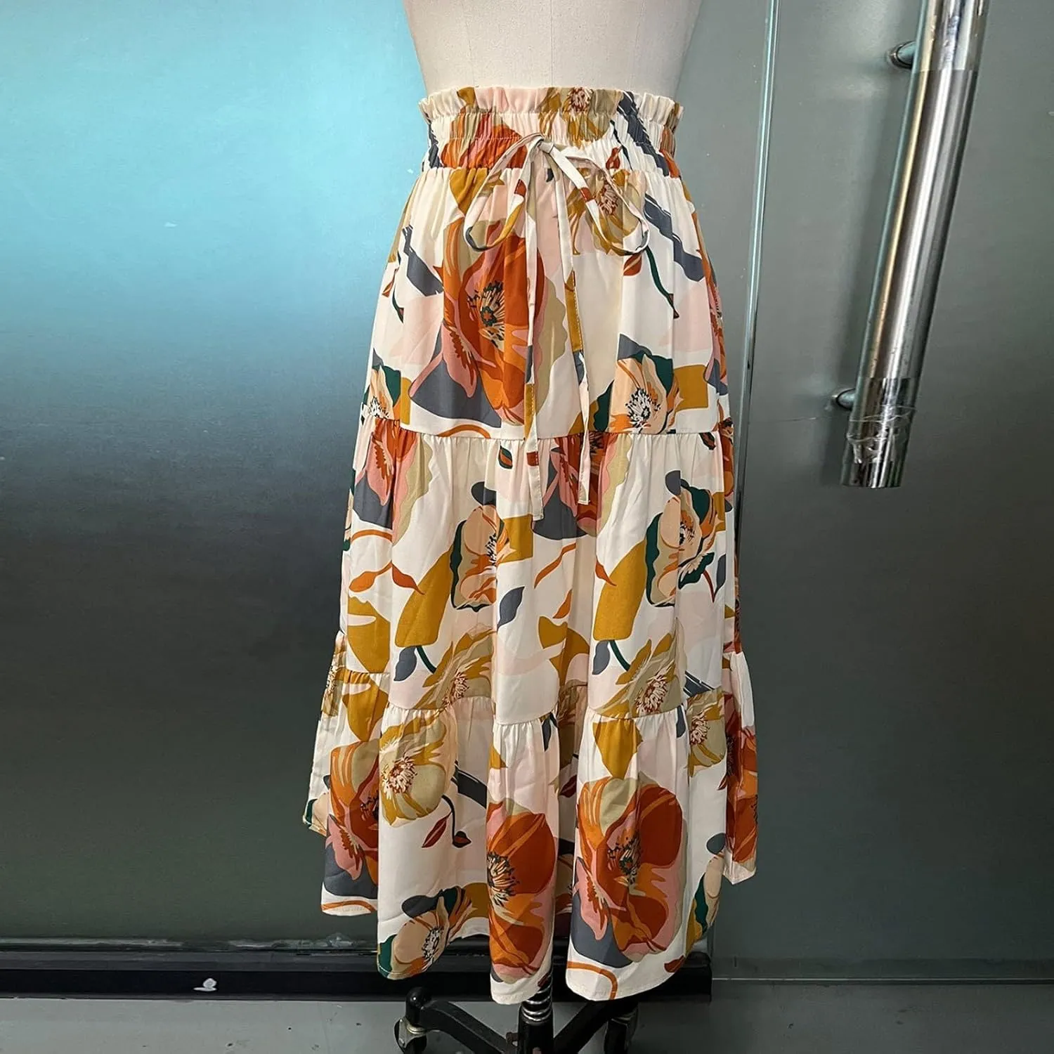 Floral Midi Skirt for Women Summer Comfy Tiered Elastic High Waisted Vacation A-Line Flowy Swing Long