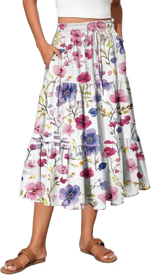 Floral Midi Skirt for Women Summer Comfy Tiered Elastic High Waisted Vacation A-Line Flowy Swing Long