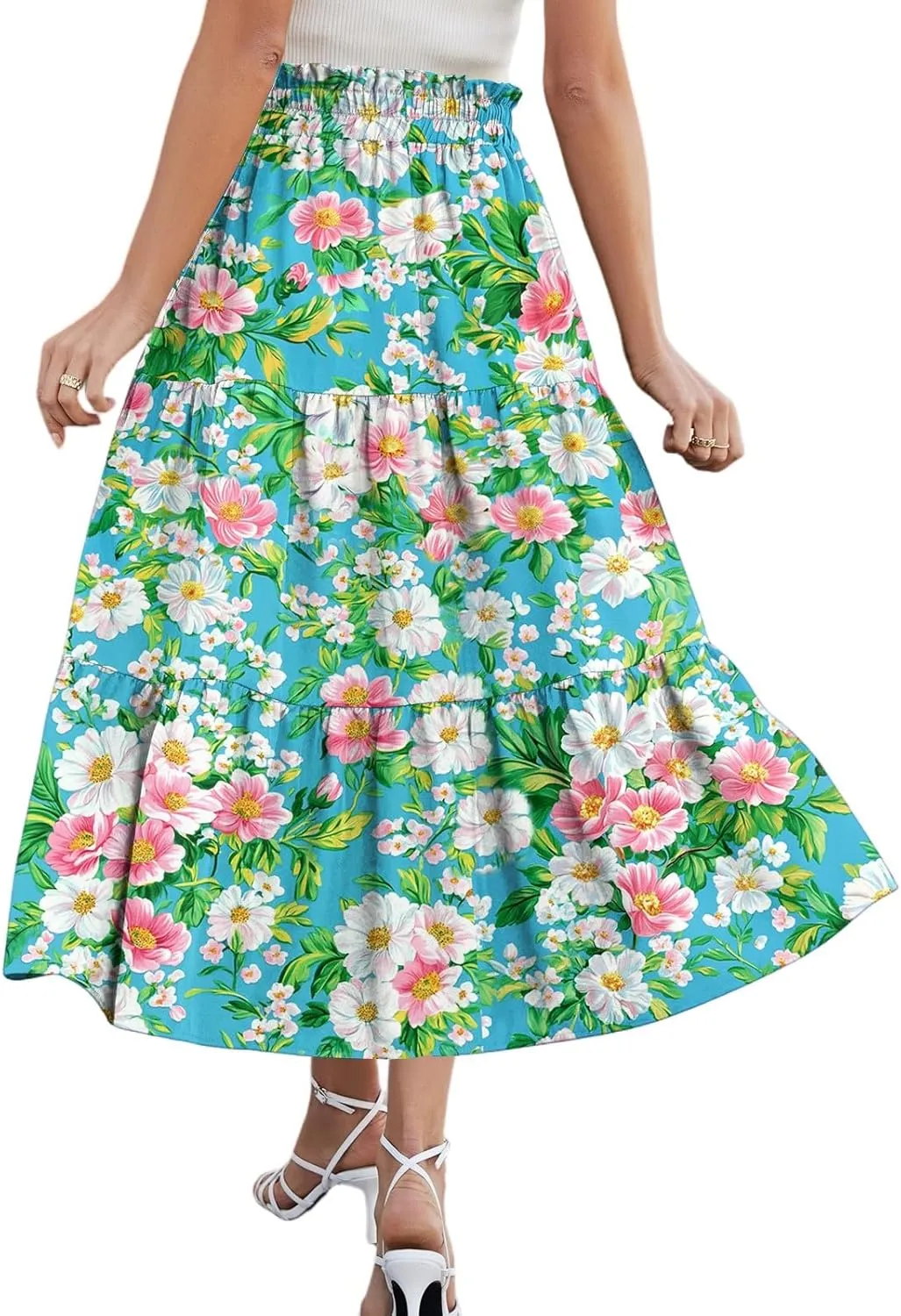 Floral Midi Skirt for Women Summer Comfy Tiered Elastic High Waisted Vacation A-Line Flowy Swing Long