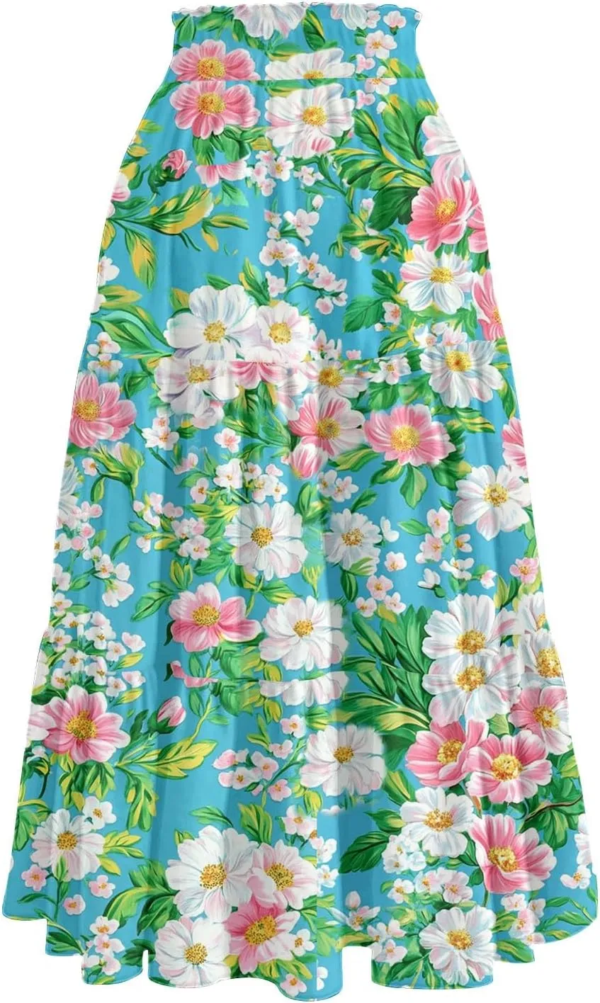 Floral Midi Skirt for Women Summer Comfy Tiered Elastic High Waisted Vacation A-Line Flowy Swing Long