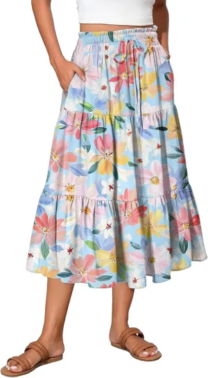 Floral Midi Skirt for Women Summer Comfy Tiered Elastic High Waisted Vacation A-Line Flowy Swing Long