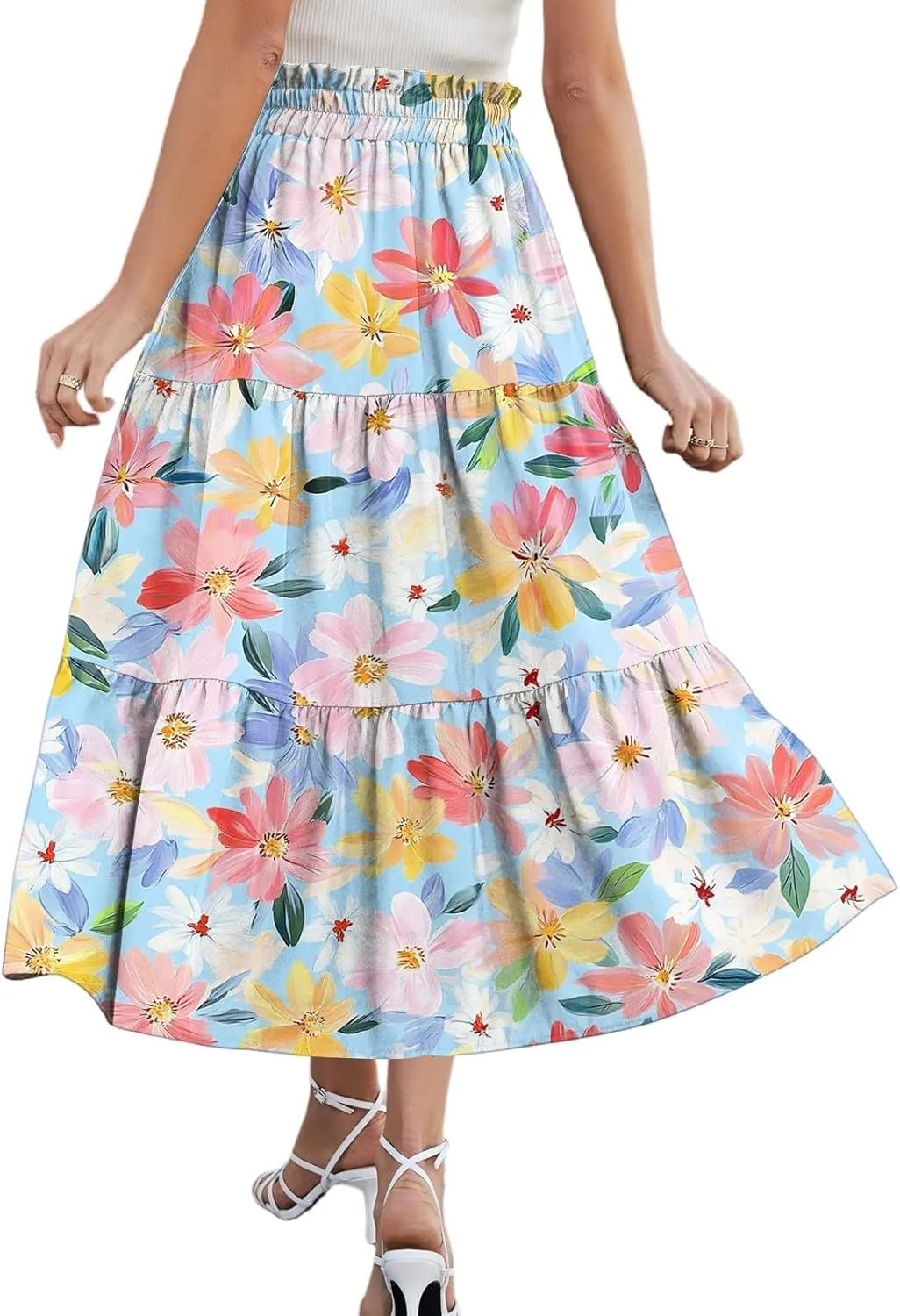 Floral Midi Skirt for Women Summer Comfy Tiered Elastic High Waisted Vacation A-Line Flowy Swing Long
