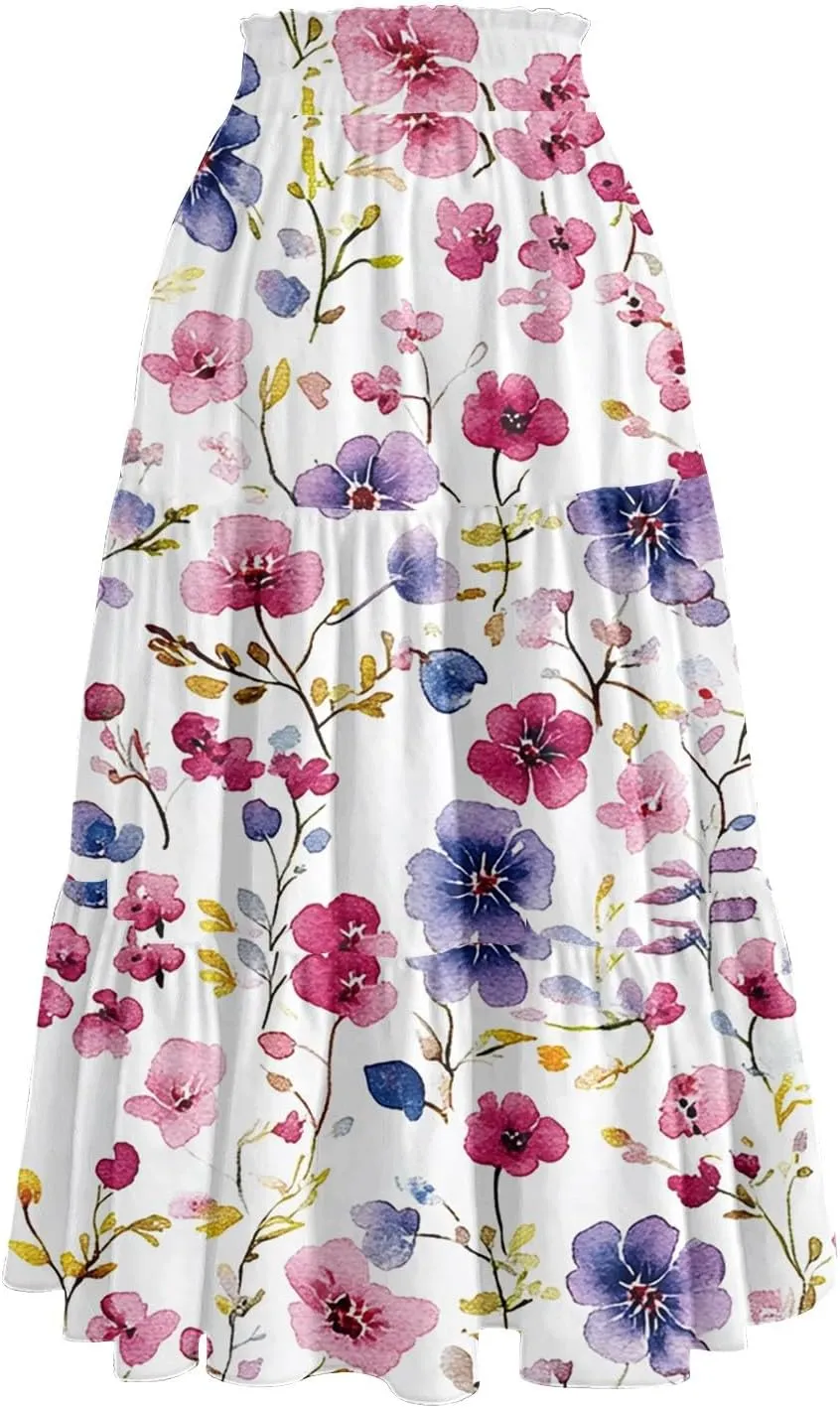 Floral Midi Skirt for Women Summer Comfy Tiered Elastic High Waisted Vacation A-Line Flowy Swing Long