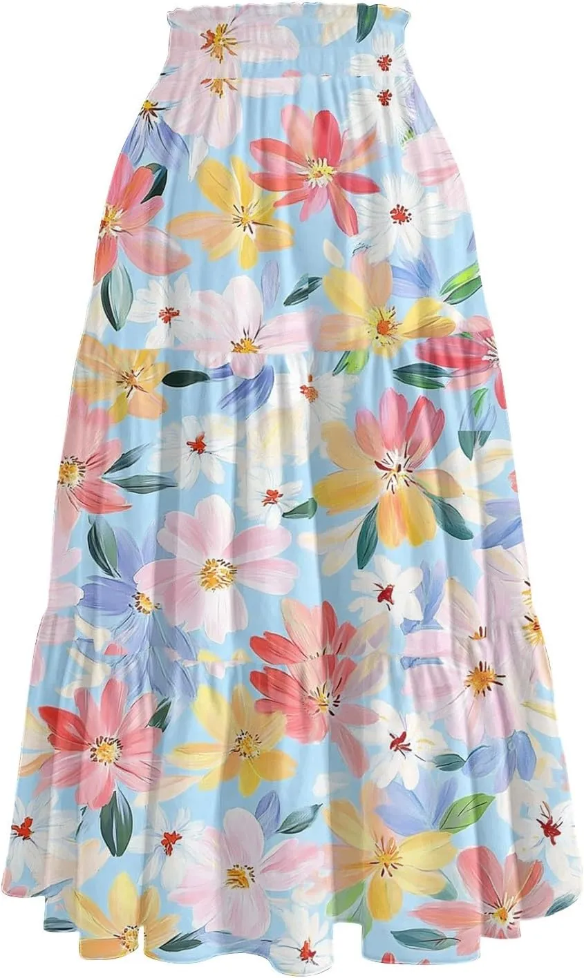 Floral Midi Skirt for Women Summer Comfy Tiered Elastic High Waisted Vacation A-Line Flowy Swing Long