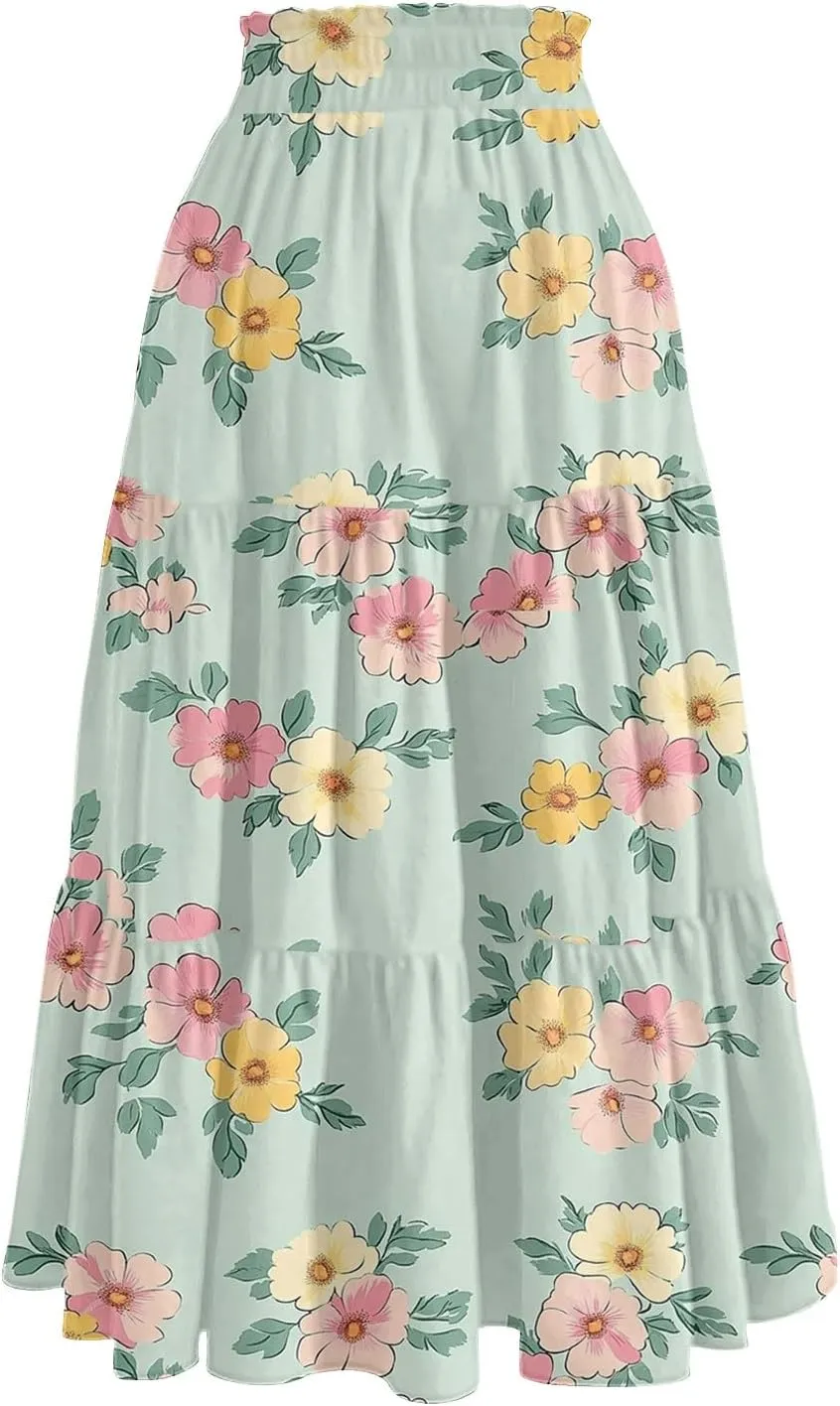 Floral Midi Skirt for Women Summer Comfy Tiered Elastic High Waisted Vacation A-Line Flowy Swing Long