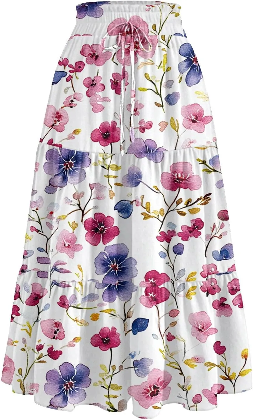 Floral Midi Skirt for Women Summer Comfy Tiered Elastic High Waisted Vacation A-Line Flowy Swing Long
