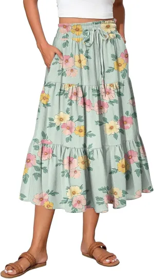 Floral Midi Skirt for Women Summer Comfy Tiered Elastic High Waisted Vacation A-Line Flowy Swing Long