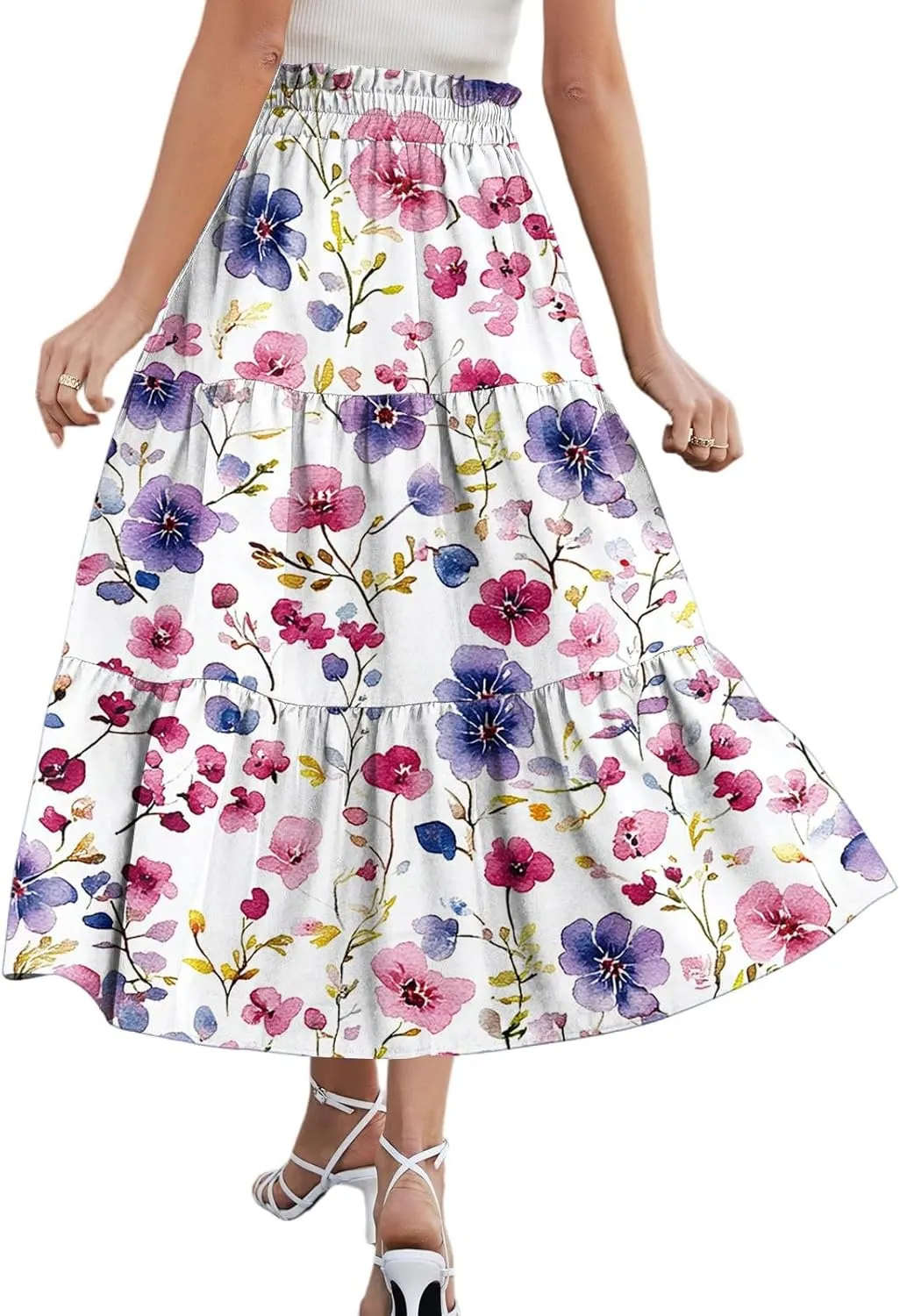 Floral Midi Skirt for Women Summer Comfy Tiered Elastic High Waisted Vacation A-Line Flowy Swing Long