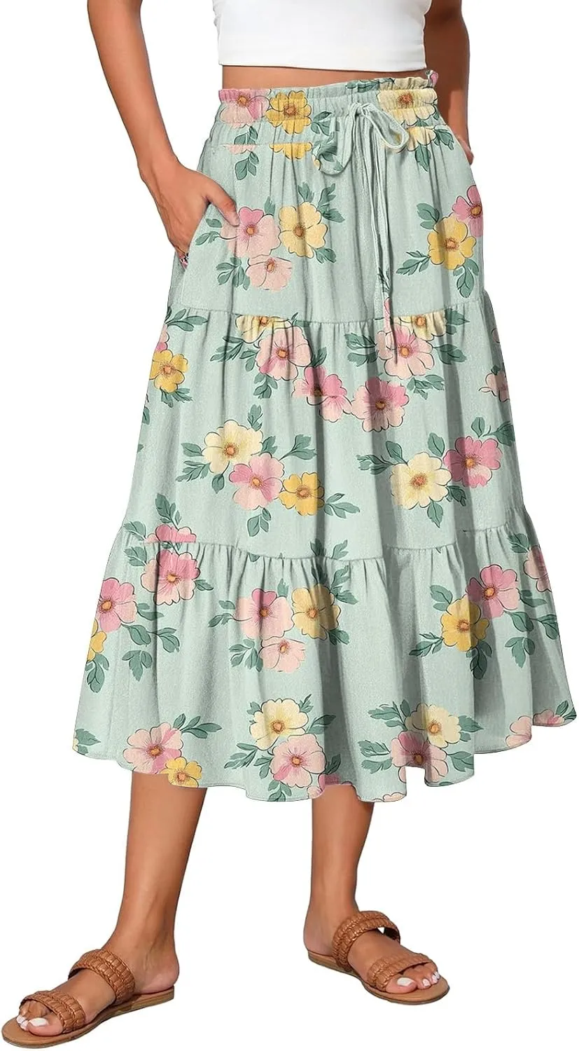 Floral Midi Skirt for Women Summer Comfy Tiered Elastic High Waisted Vacation A-Line Flowy Swing Long