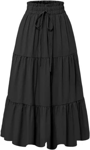 Floral Pleated Skirts for Women Midi Length Summer Casual Boho Renaissance Flowy Plus Size Tiered A Line Skirt