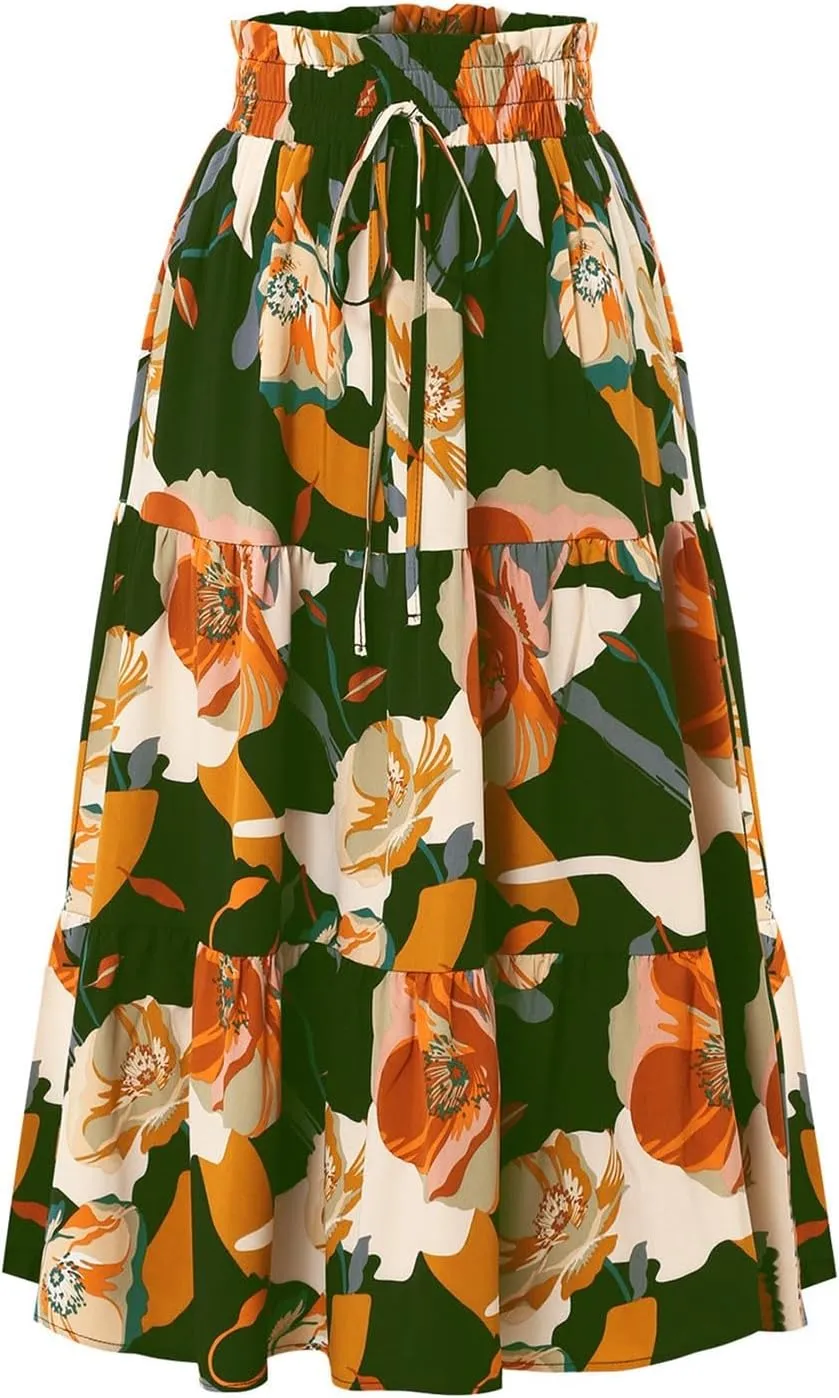 Floral Pleated Skirts for Women Midi Length Summer Casual Boho Renaissance Flowy Plus Size Tiered A Line Skirt