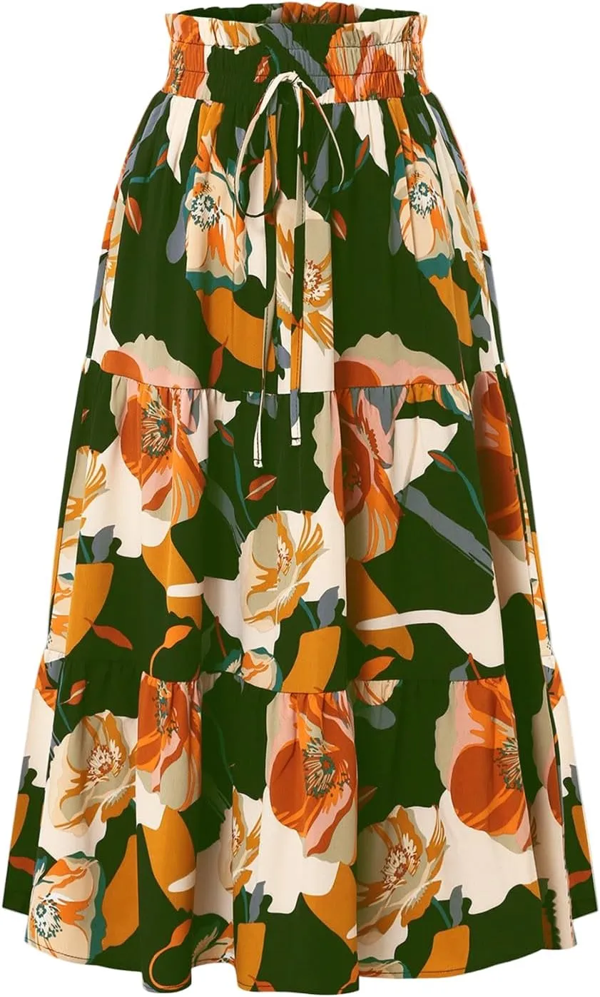 Floral Pleated Skirts for Women Midi Length Summer Casual Boho Renaissance Flowy Plus Size Tiered A Line Skirt