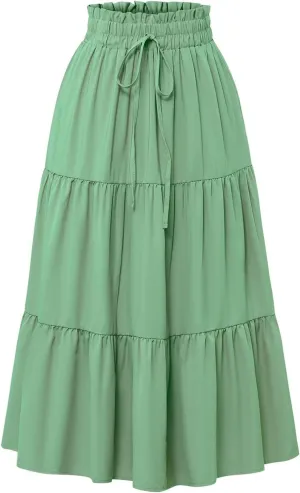 Floral Pleated Skirts for Women Midi Length Summer Casual Boho Renaissance Flowy Plus Size Tiered A Line Skirt
