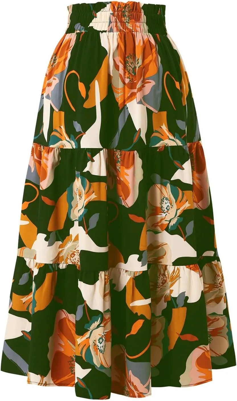 Floral Pleated Skirts for Women Midi Length Summer Casual Boho Renaissance Flowy Plus Size Tiered A Line Skirt
