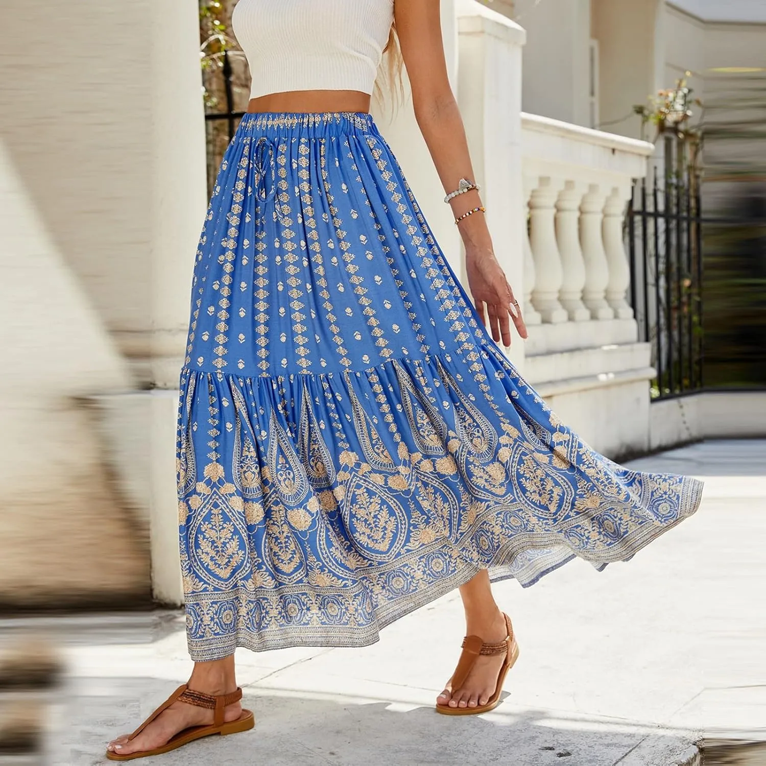 Floral Skirt,Easter Wrap Drawstring Tiered Flowy Maxi Skirts for Women 2025 Trendy Long Boho Skirt Spring Summer