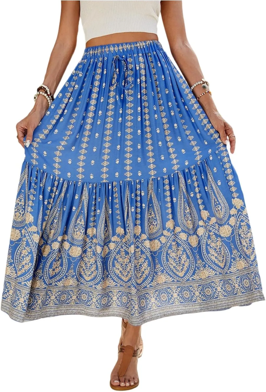Floral Skirt,Easter Wrap Drawstring Tiered Flowy Maxi Skirts for Women 2025 Trendy Long Boho Skirt Spring Summer
