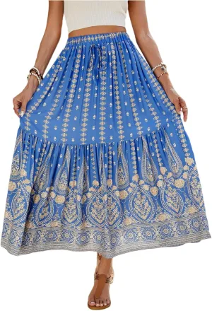 Floral Skirt,Easter Wrap Drawstring Tiered Flowy Maxi Skirts for Women 2025 Trendy Long Boho Skirt Spring Summer