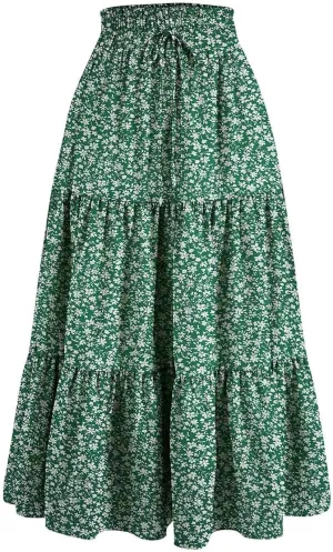 Floral Skirts for Women 2025 Casual Drawstring High Waisted Beach Boho Trendy Outfit Summer Flowy Ruffle Maxi Skirt