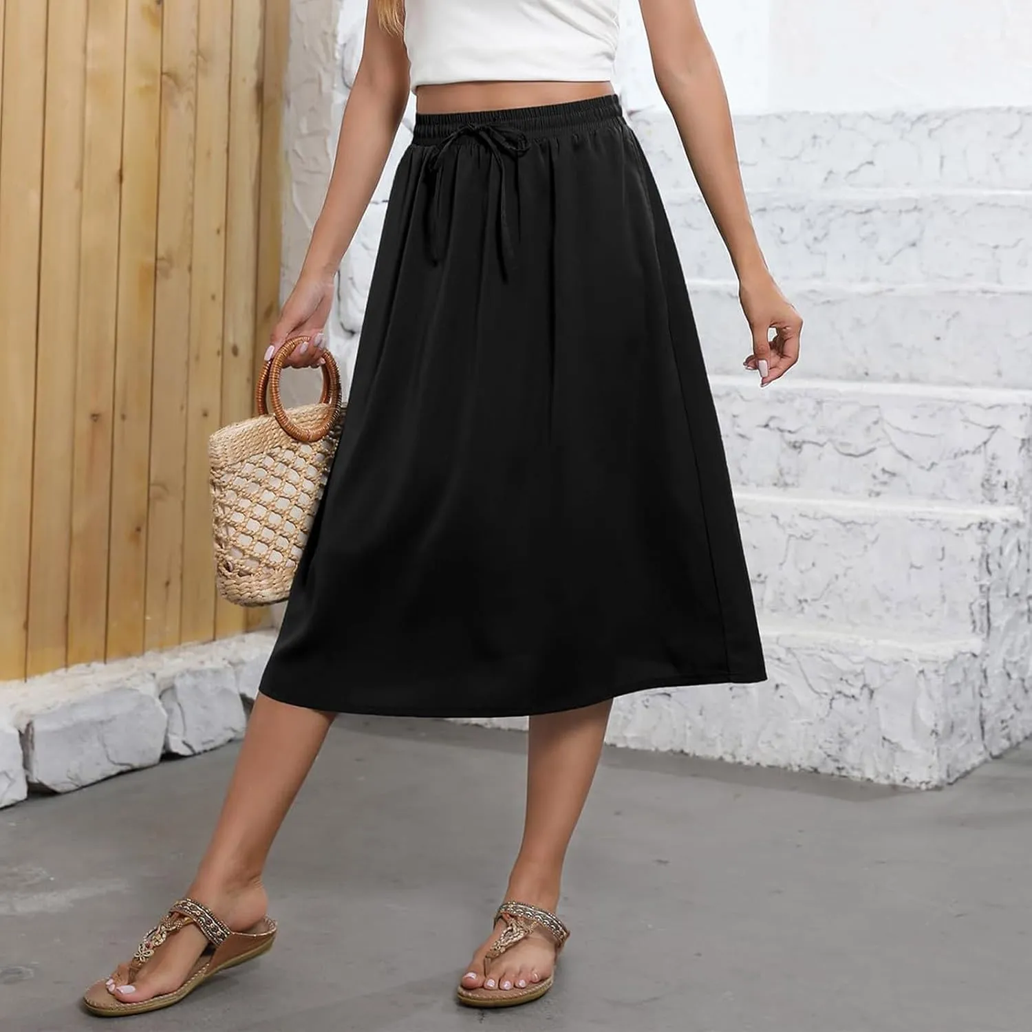 Floral Skirts for Women Midi Length Vintage Drawstring High Waisted A Line Skirt Flowy Boho Midi Skirt with Pockets