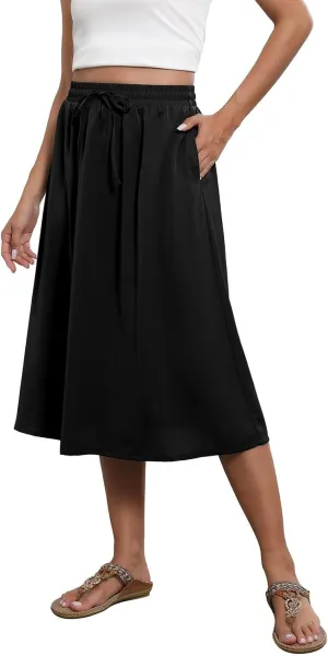 Floral Skirts for Women Midi Length Vintage Drawstring High Waisted A Line Skirt Flowy Boho Midi Skirt with Pockets