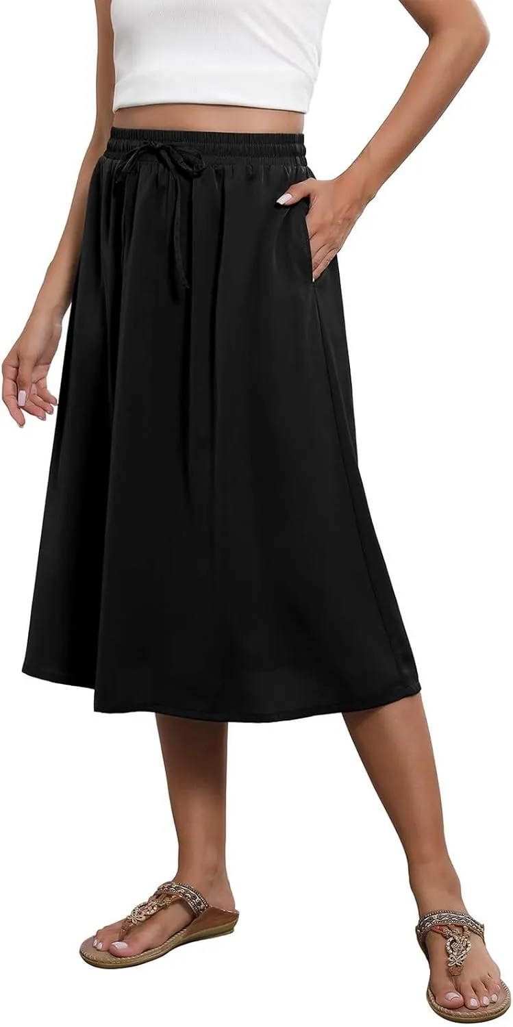 Floral Skirts for Women Midi Length Vintage Drawstring High Waisted A Line Skirt Flowy Boho Midi Skirt with Pockets