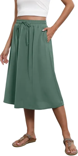 Floral Skirts for Women Midi Length Vintage Drawstring High Waisted A Line Skirt Flowy Boho Midi Skirt with Pockets