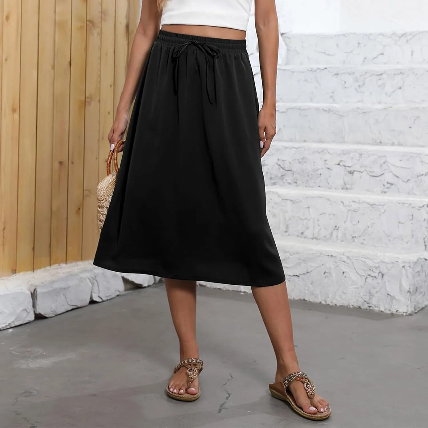 Floral Skirts for Women Midi Length Vintage Drawstring High Waisted A Line Skirt Flowy Boho Midi Skirt with Pockets