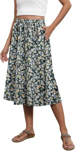 Floral Skirts for Women Midi Length Vintage Drawstring High Waisted A Line Skirt Flowy Boho Midi Skirt with Pockets