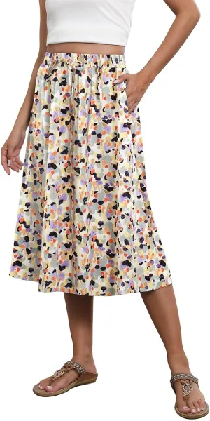 Floral Skirts for Women Midi Length Vintage Drawstring High Waisted A Line Skirt Flowy Boho Midi Skirt with Pockets