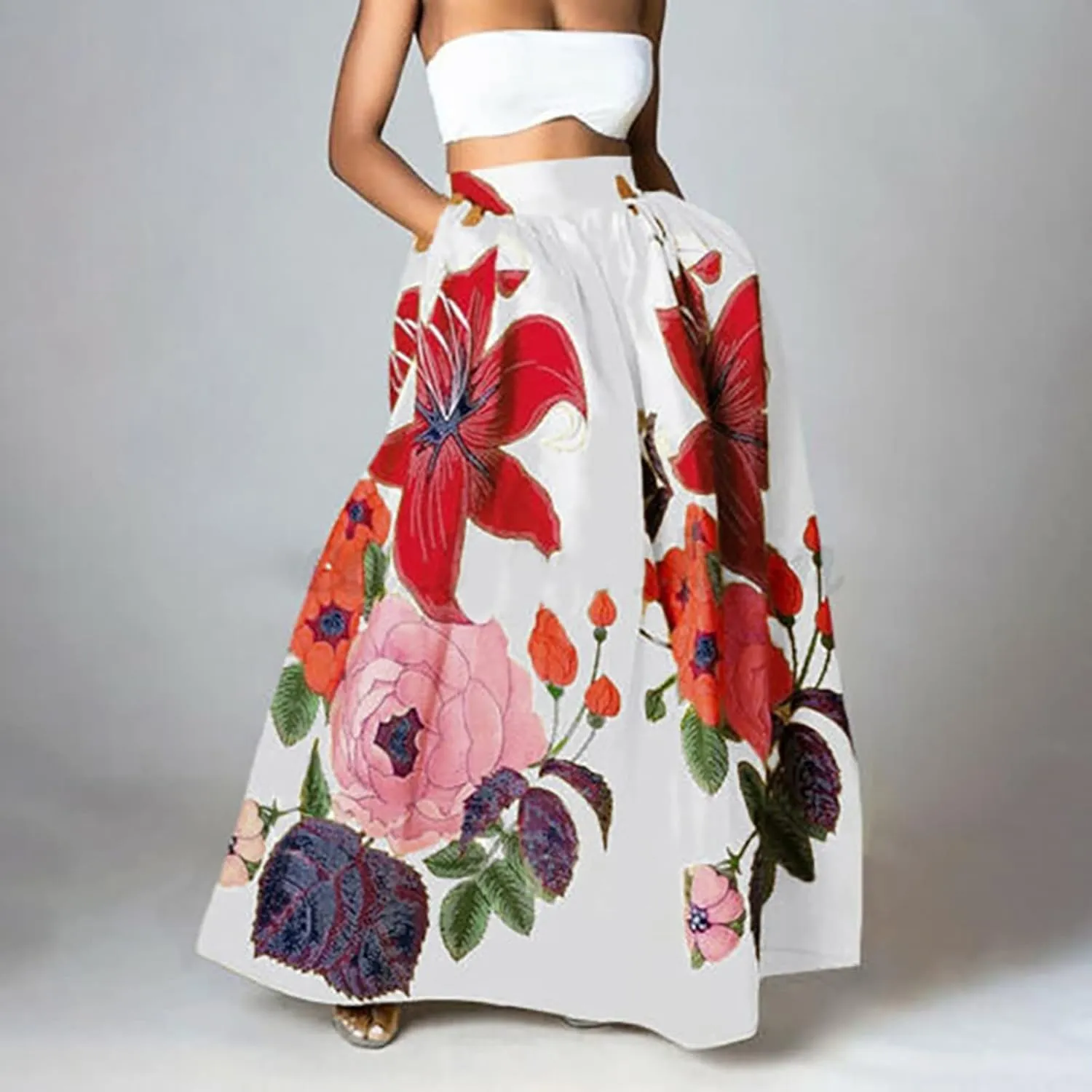 Floral Skirts for Women Summer Flowy High Waisted Skirt Boho Vacation A-Line Swing Long Floral Maxi Skirts
