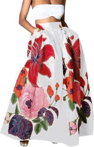Floral Skirts for Women Summer Flowy High Waisted Skirt Boho Vacation A-Line Swing Long Floral Maxi Skirts