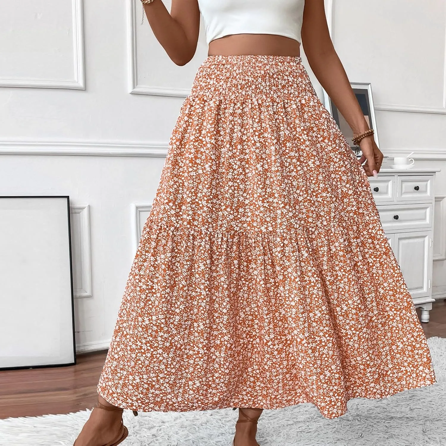 Floral Skirts for Women Summer Flowy Tiered Elastic High Waisted Print Skirt Vacation A-Line Swing Long Midi Skirts