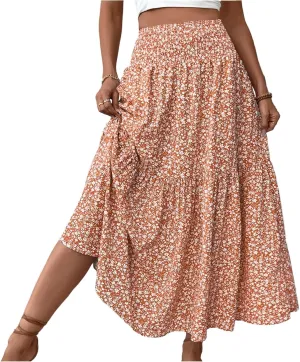 Floral Skirts for Women Summer Flowy Tiered Elastic High Waisted Print Skirt Vacation A-Line Swing Long Midi Skirts