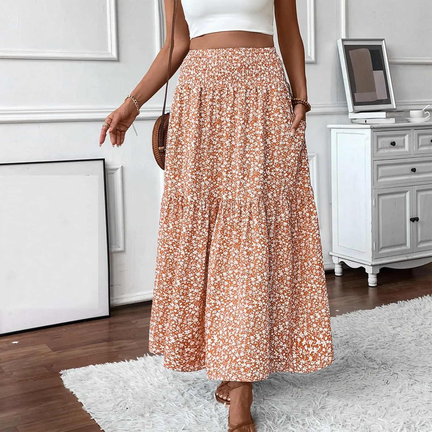 Floral Skirts for Women Summer Flowy Tiered Elastic High Waisted Print Skirt Vacation A-Line Swing Long Midi Skirts