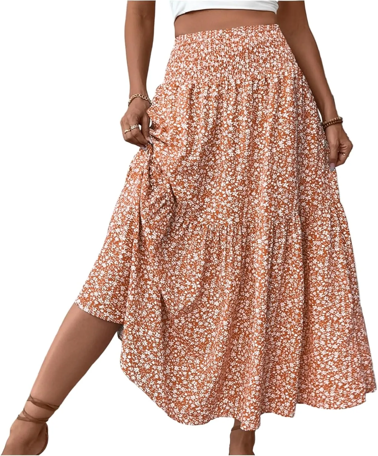 Floral Skirts for Women Summer Flowy Tiered Elastic High Waisted Print Skirt Vacation A-Line Swing Long Midi Skirts