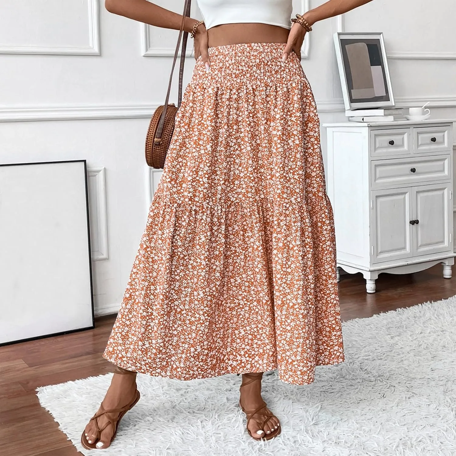 Floral Skirts for Women Summer Flowy Tiered Elastic High Waisted Print Skirt Vacation A-Line Swing Long Midi Skirts
