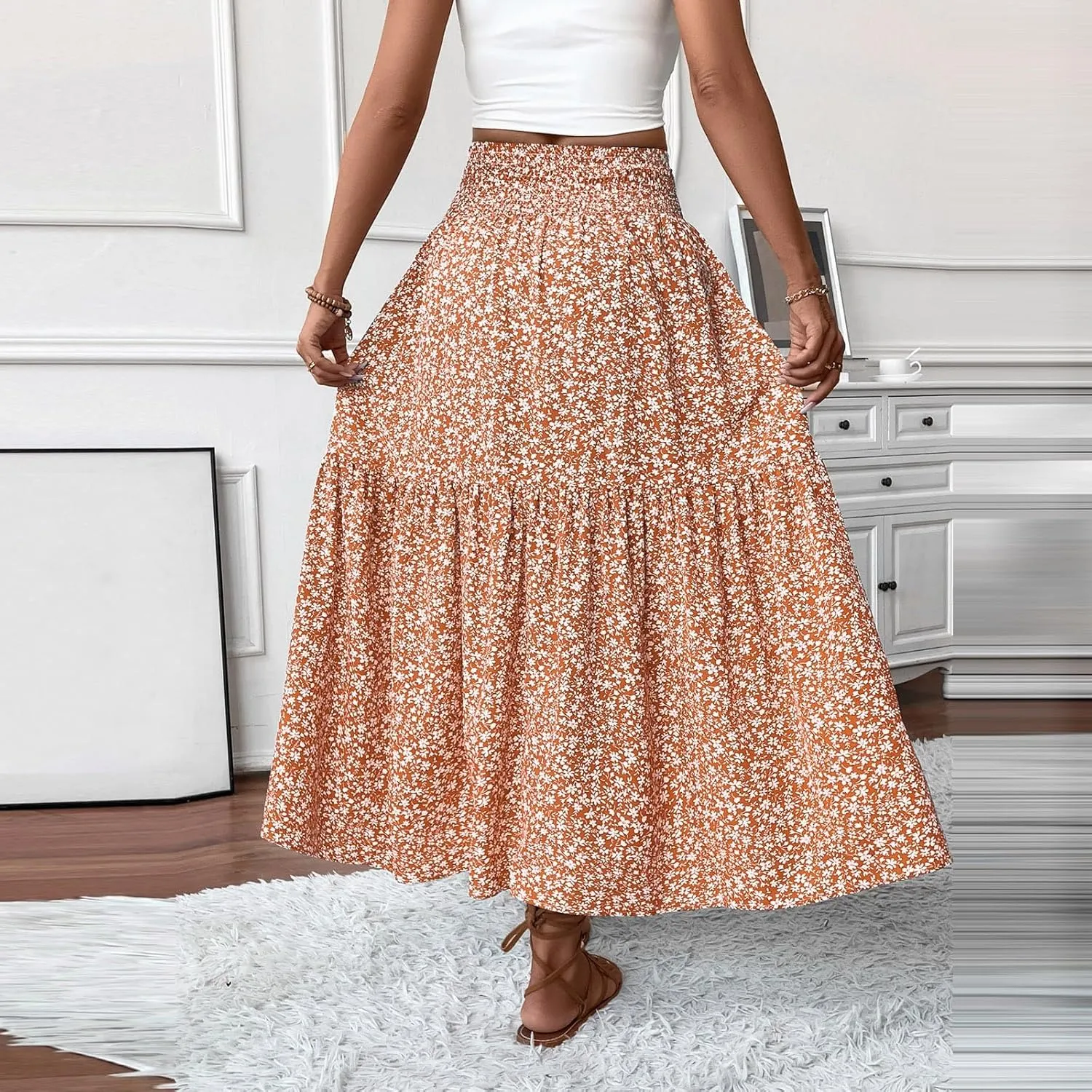 Floral Skirts for Women Summer Flowy Tiered Elastic High Waisted Print Skirt Vacation A-Line Swing Long Midi Skirts