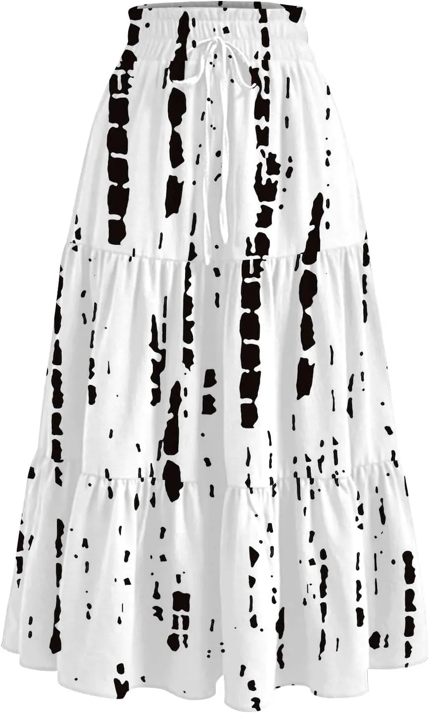 Floral Skirts for Women Summer Loose Casual Trendy Elastic Waist Flowy Beach Boho Maxi Skirt, S-2XL