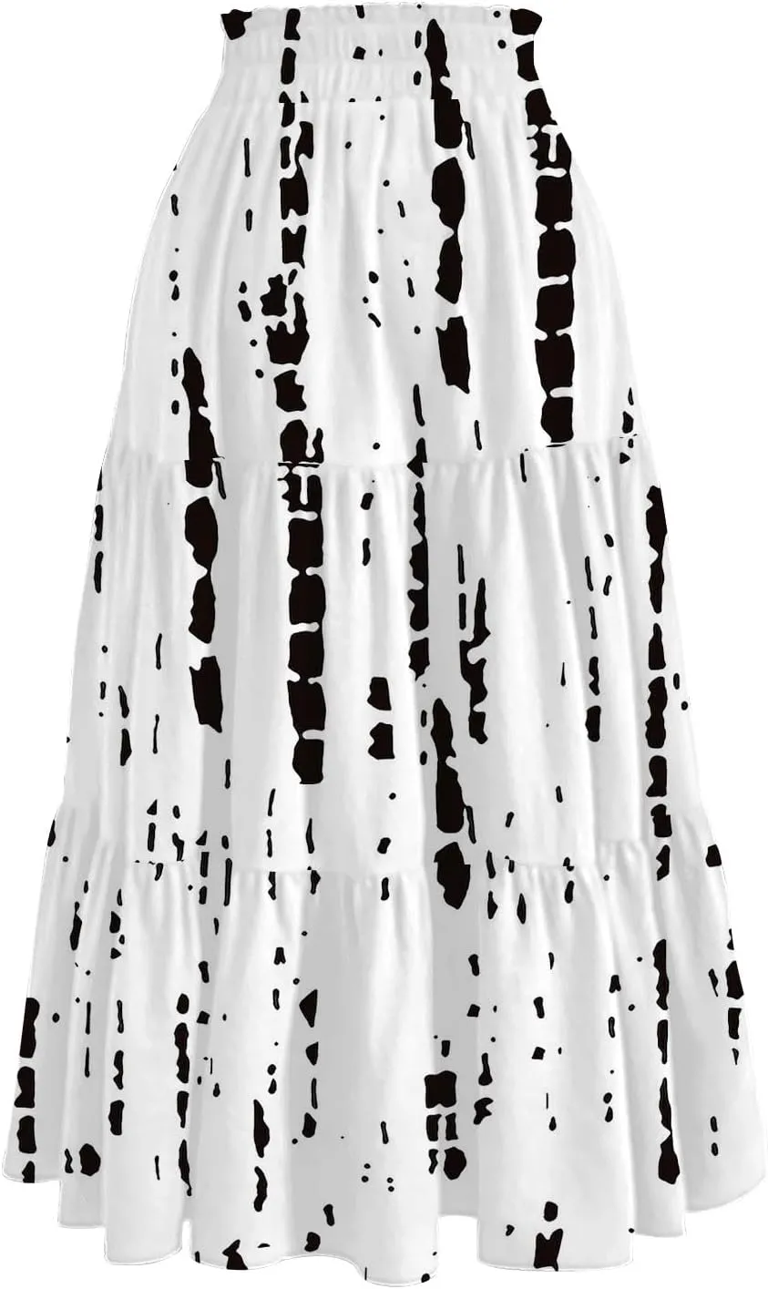 Floral Skirts for Women Summer Loose Casual Trendy Elastic Waist Flowy Beach Boho Maxi Skirt, S-2XL