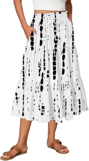 Floral Skirts for Women Summer Loose Casual Trendy Elastic Waist Flowy Beach Boho Maxi Skirt, S-2XL