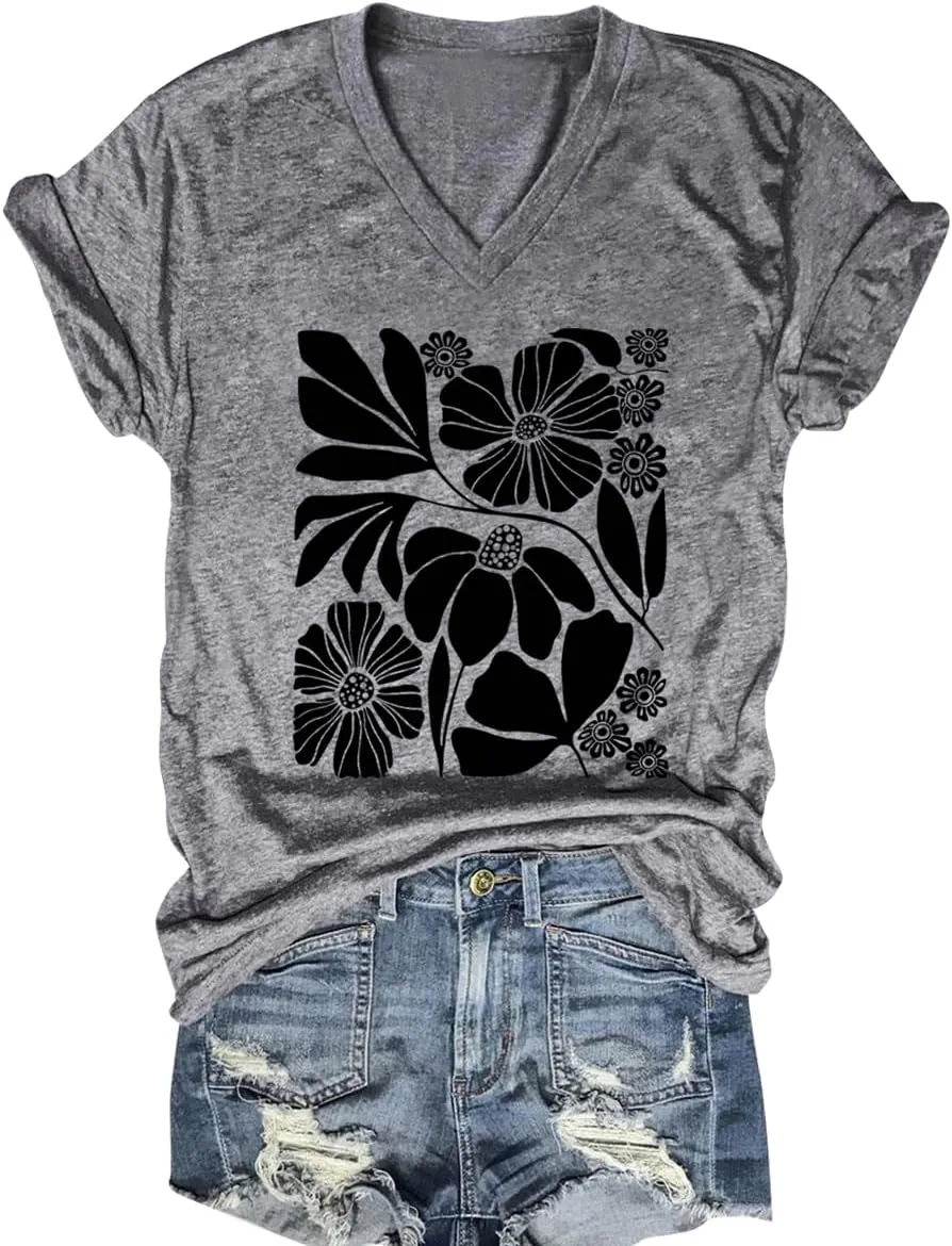 Flower Kindly Shirt for Women Funny Wildflower Plant T-Shirt Bohemian Summer Vacation V Neck Tops