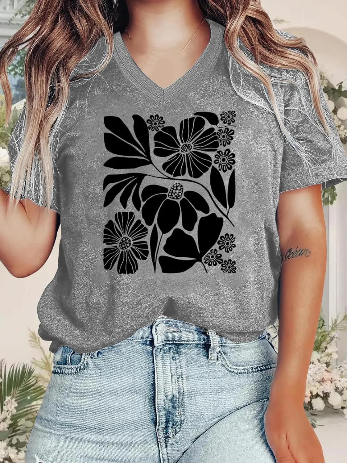 Flower Kindly Shirt for Women Funny Wildflower Plant T-Shirt Bohemian Summer Vacation V Neck Tops