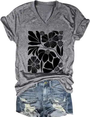 Flower Kindly Shirt for Women Funny Wildflower Plant T-Shirt Bohemian Summer Vacation V Neck Tops