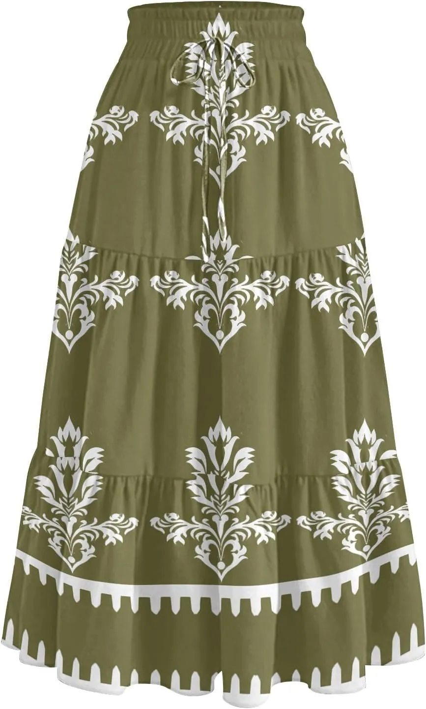 Flowy Floral Midi Skirts for Women Trendy Summer Casual High Waisted Plus Size Long Boho Beach Skirt with Pockets