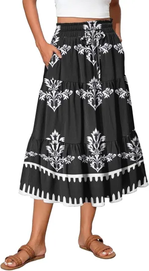 Flowy Floral Midi Skirts for Women Trendy Summer Casual High Waisted Plus Size Long Boho Beach Skirt with Pockets